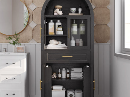 Arched Kitchen Pantry Cabinet With Adjustable Shelves And Barn Door Design