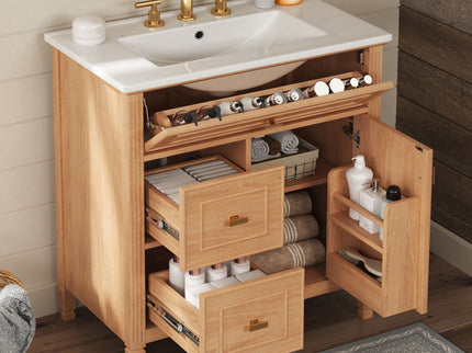 Bathroom Vanity With Sink, Flip Drawer & Adjustable Shelf - Natural