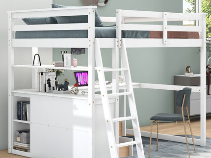 Modern Loft Bed With Built In Desk, Shelves, And 2 Drawers
