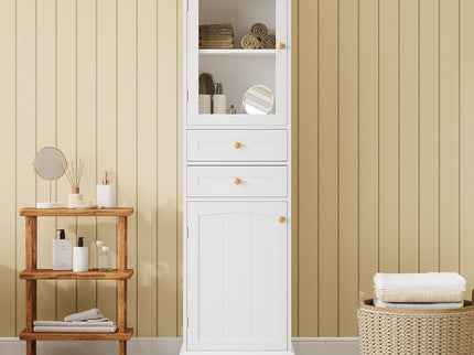 Tall Bathroom Storage Cabinet With Glass Doors, Free-Standing, Two Drawers, And Adjustable Shelves, Board, Painted Perfect For Displaying Your Favorite Items