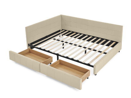 Mid-Century Storage Upholstered Tufted Bed Frame With Backrest And Armrests