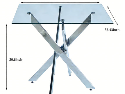 Dining Table With Cross Metal Leg And Tempered Glass, Modern Space Saving Kitchen Table For Living Room Legs, Square Table