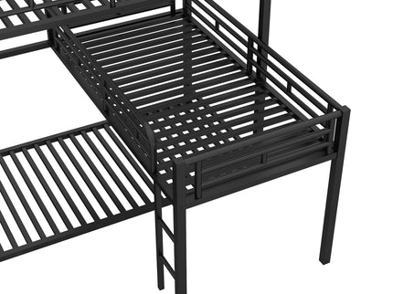 L-Shaped Triple Twin Size Bunk Bed, Industrial Design With Integrated Ladder And Full Length Guardrails - Black
