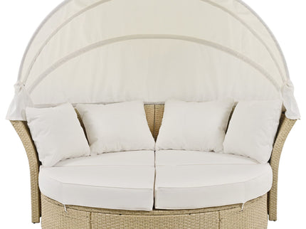 Outdoor Patio Daybed Wicker Rattan Double Daybed Round Sofa Furniture Set With Retractable Canopy, 4 Pillows For Lawn Garden