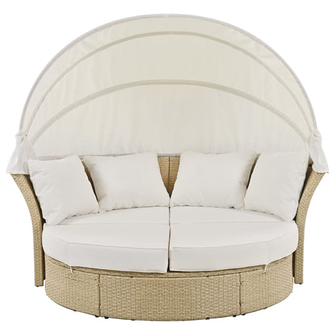 Outdoor Patio Daybed Wicker Rattan Double Daybed Round Sofa Furniture Set With Retractable Canopy, 4 Pillows For Lawn Garden