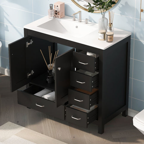 Bathroom Vanity With Ceramic Sink Combo, Abundant Storage Cabinet 2 Soft Close Doors And 5 Drawers