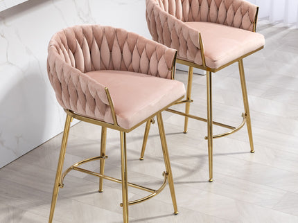 Counter Height Bar Stools Kitchen Island Counter Bar Stool With Hand - Wave Back, Golden Chromed Base And Footrest (Set of 2) - Pink