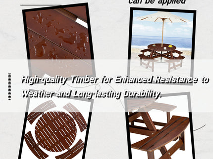 8 Person Round Picnic Table With 4 Built In Benches, Umbrella Hole For Garden - Brown
