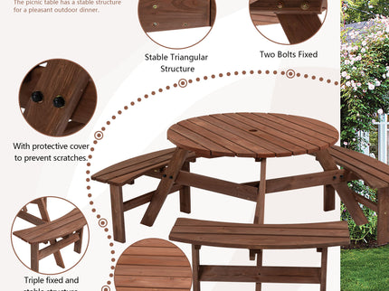 6 Person Circular Outdoor Wooden Picnic Table For Patio, Backyard, Garden, Diy With 3 Built-In Benches, 1720Lb Capacity