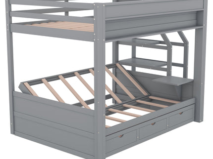 Wood Full Size Convertible Bunk Bed With Storage Staircase, Bedside Table, And 3 Drawers - Gray