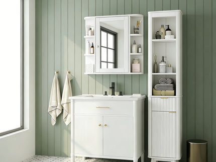 Bathroom Wall Storage Cabinet With Mirror And Adjustable Shelf, 6 Open Shelves