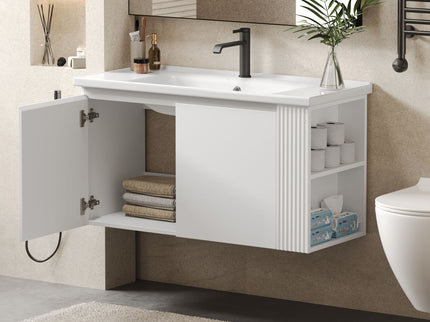 Wall Mounted Bathroom Vanity With Sink, 2 Open Shelves - White