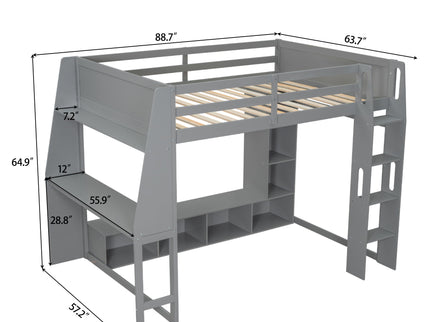 Full Size Gaming Loft Bed With Desk, Multi Storage Shelves, LED Lighting, And Hanging Clothes Rack - Gray