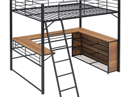 Full Size Loft Bed With 3 Layers Of Shelves And L-Shaped Desk - Black