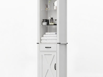 Pantry Cabinet With LED Lights And Barn Door With Tempered Glass Shelves - White