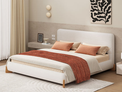 Queen Size Upholstered Bed With Slat Support - White