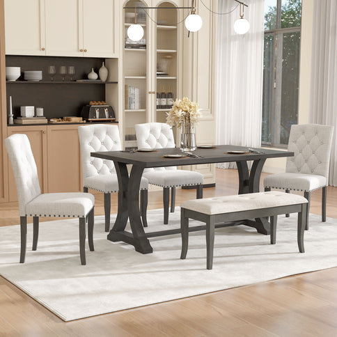 Dining Table Set With 4 Upholstered Chairs And Bench