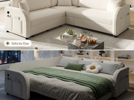 L-Shaped Couch With Pull-Out Bed, Oversize Convertible Sleeper Sofa With Side Pocket & USB Port