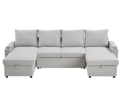 U Shaped Sectional Sofa Bed With Storage Chaise Lounges, USB Ports, And Cup Holders
