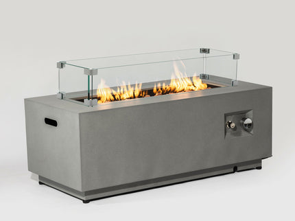 Propane Gas Fire Pit Table, 50000 Btu Rectangular With Glass Wind Guard For Outside - Gray