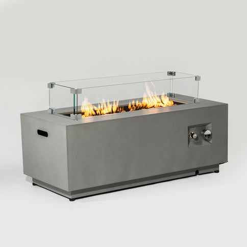 Propane Gas Fire Pit Table, 50000 Btu Rectangular With Glass Wind Guard For Outside - Gray