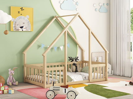 Wood House-Shaped Floor Bed With Fence, Guardrails
