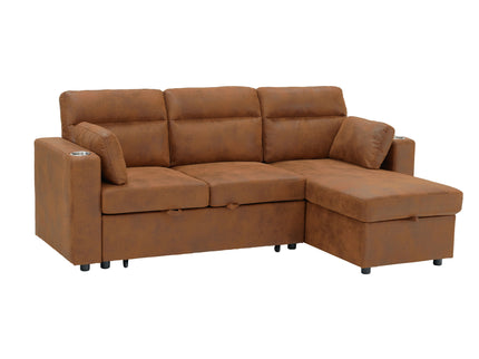 Convertible L - Shaped Sectional Sofa Bed With Storage Chaise, Cup Holders