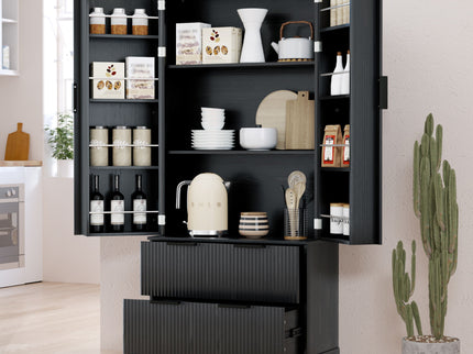 Fluted Kitchen Pantry Cabinet With 2 Large Drawers & 8 Door Spice Rack