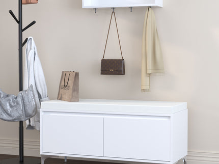 Wall Mounted Entryway Shelf With Hooks And Storage Bench Set - Off White