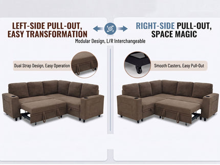 Upholstered L - Shape Sectional Sofa Bed With Pull Out Sleeper And Storage