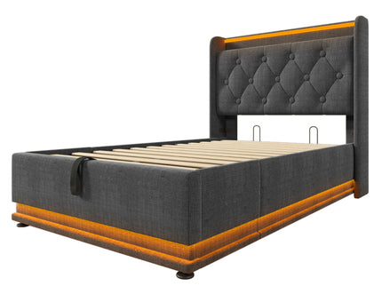 Upholstered Bed, 360 Surround LED Function, Remote Control, Hydraulic Storage Bed With USB, Type-C Charging (Without Mattress)