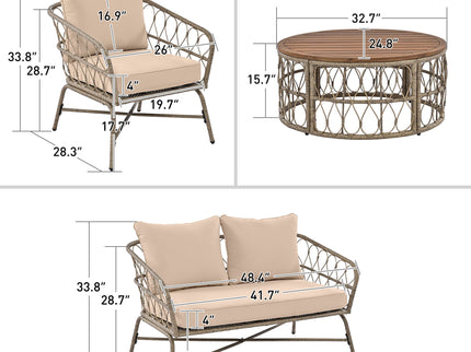 Bohemia-Inspired 4 Person Outdoor Seating Group With Removable Cushions, Conversation Patio Set With Wood Tabletop - Beige