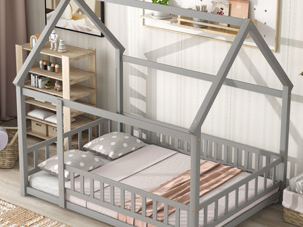 Floor Wooden Bed With House Roof Frame, Fence Guardrails