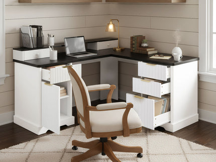 Fluted L-Shaped Desk With Charging Station & Storage Cabinet