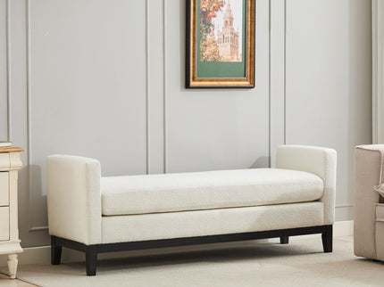Elegant Upholstered Bench, Daybed, Ottoman With Wood Legs & Bolster Pillows - Ivory Boucle