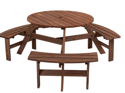 6 Person Circular Outdoor Wooden Picnic Table For Patio, Backyard, Garden, Diy With 3 Built-In Benches, 1720Lb Capacity