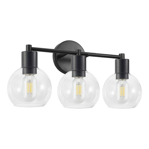 3 Light Globe Bathroom Vanity Light With Clear Glass Shades - Black
