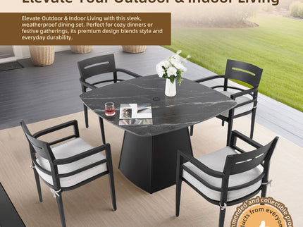 Outdoor Patio Dining Set, Squircle Dining Table, Dining Chairs With Sunbrella Cushions