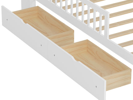 Bed With Headboard Storage Rack, 2 Under Bed Drawers, 3 Side Guardrails For Safety