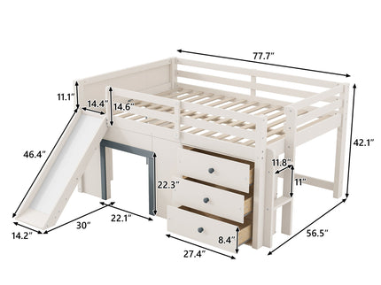 Modern Low Loft Bed With Slide, 3 Storage Drawers, And 2 Doors