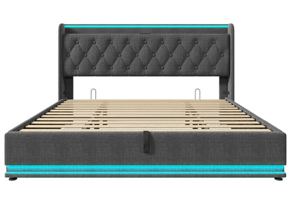 Upholstered Bed, 360 Surround LED Function, Remote Control, Hydraulic Storage Bed With USB, Type-C Charging (Without Mattress)