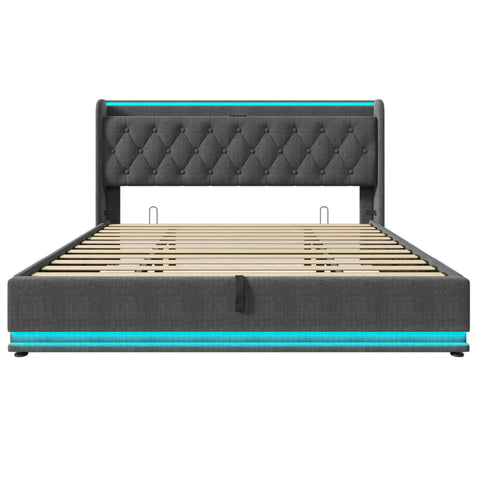 Upholstered Bed, 360 Surround LED Function, Remote Control, Hydraulic Storage Bed With USB, Type-C Charging (Without Mattress)