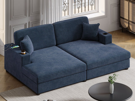 Oversized Loveseat Chaise With 2 USB Ports, 2 Cup Holders And 2 Throw Pillows