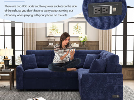 L-Shape Sofa Bed Pull-Out Sleeper Sofa With Wheels, USB Ports, Power Sockets For Living Room