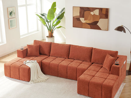 U - Shaped Sectional Sofa, Cup Holders & Side Pockets For Living Room