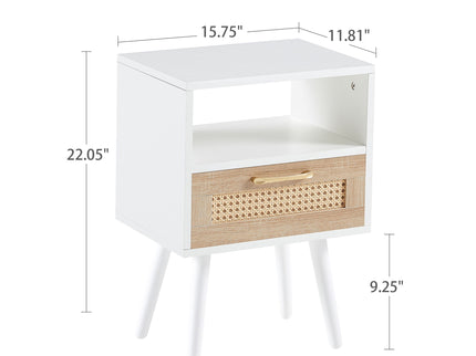15.75" Rattan End Table With Drawer And Solid Wood Legs, Modern Nightstand, Side Table For Living Room, Bedroom