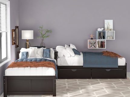 L Shaped Platform Bed With Trundle And Drawers Linked With Built In Desk