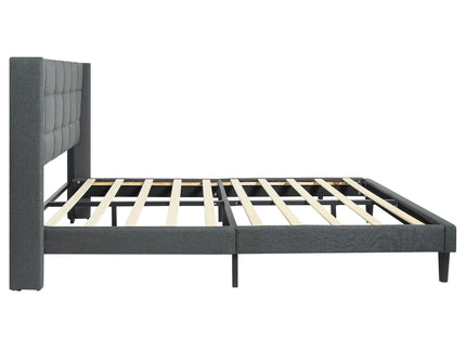 Queen Size Upholstered Platform Bed Frame With Button Tufted Linen Fabric Headboard - Dark Gray