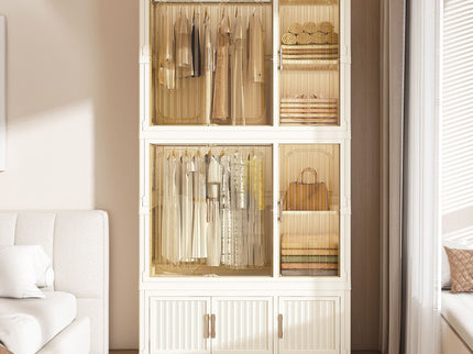 Portable Wardrobe Closet Storage Organizer For Clothes, 9 Magnetic Doors With 9 Cubes & 2 Hanging Rods, 6 Hangers - Cream White