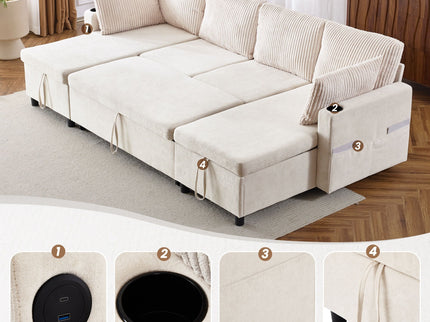 Sectional Sofa Bed With Pull Out Sleeper, USB Ports, Cup Holders